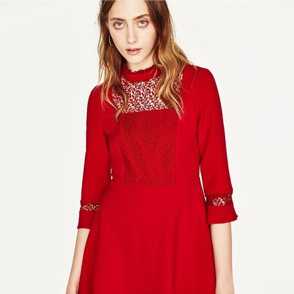 Zara Guipure Red Lace Fit Flare Dress Size M‎ - Picture 1 of 14